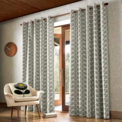 Home Decor & Bags-Orla Kiely 6 Linear Stem Lined Eyelet Curtains Silver