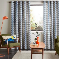 Home Decor & Bags-Orla Kiely 14 Solid Stem Lined Eyelet Curtains - Denim