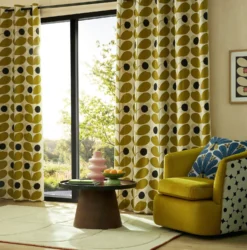 Home Decor & Bags-Orla Kiely 4 Stem Bloom Lined Eyelet Curtains Antique Gold